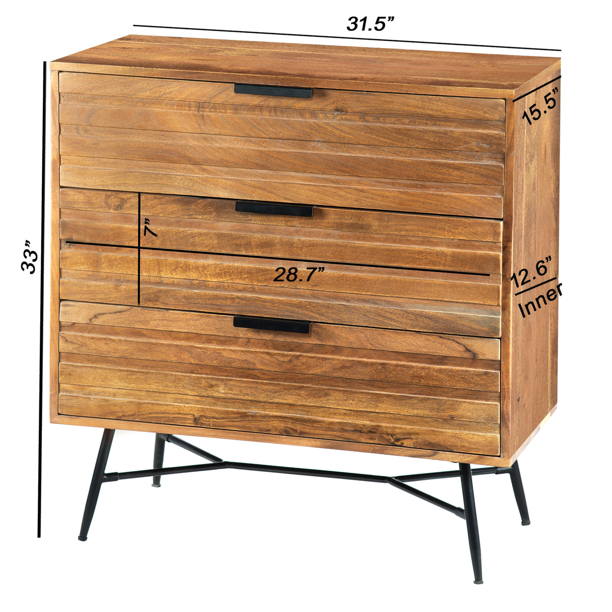 3 Drawer Wooden Chest with Slanted Metal Base, Brown and Black - UPT-195127