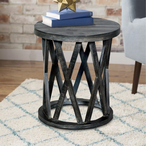 22 Inch Farmhouse Style Round Wooden End Table with Airy Design Base, Dark Gray - UPT-195129