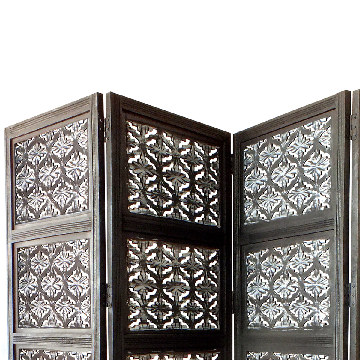 Four Panel Mango Wood Room Divider with Traditional Carvings, Black and White - UPT-195270