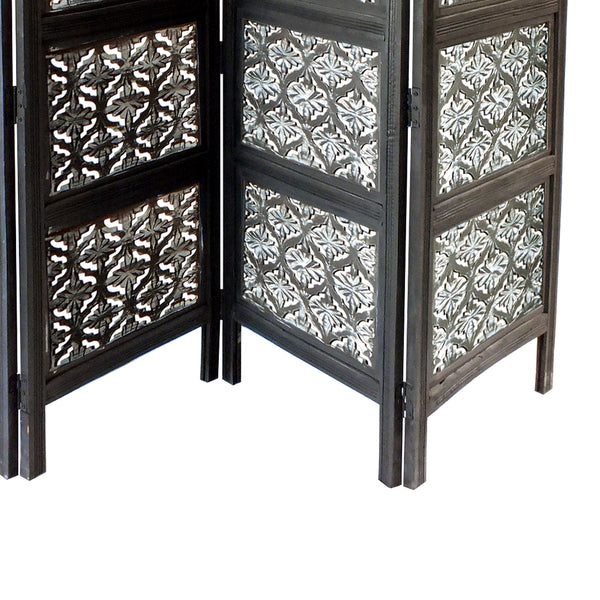Four Panel Mango Wood Room Divider with Traditional Carvings, Black and White - UPT-195270