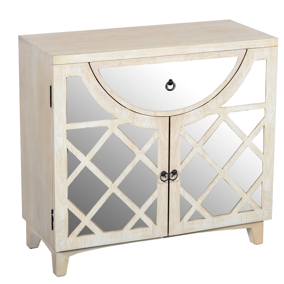 Mango Wood Cabinet with Mirrored look Steel Insert Door Storage, Beige - UPT-195275