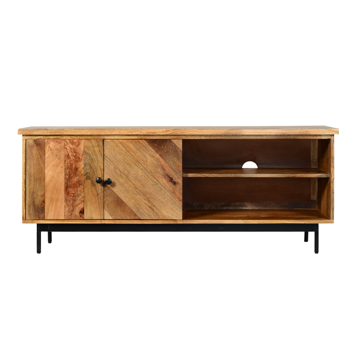 55 Inch Mango Wood TV Stand with 2 Open Compartments, Brown and Black - UPT-195276