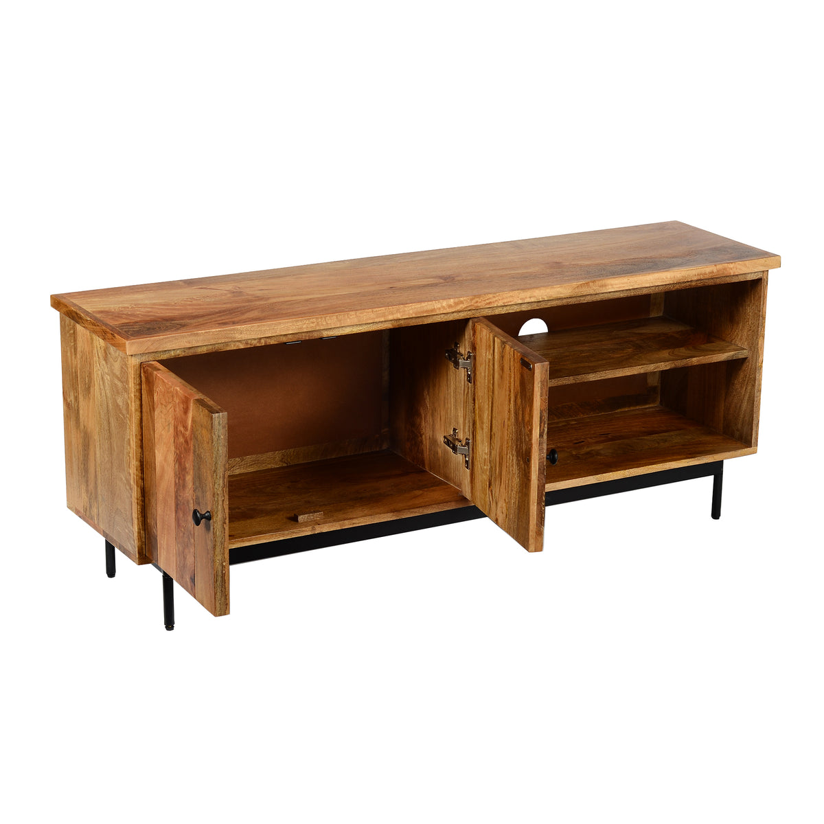 55 Inch Mango Wood TV Stand with 2 Open Compartments, Brown and Black - UPT-195276