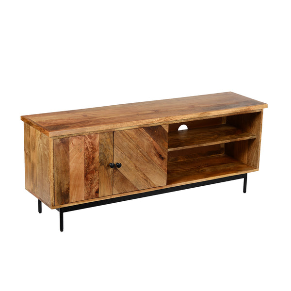 55 Inch Mango Wood TV Stand with 2 Open Compartments, Brown and Black - UPT-195276