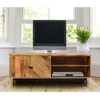 55 Inch Mango Wood TV Stand with 2 Open Compartments, Brown and Black - UPT-195276