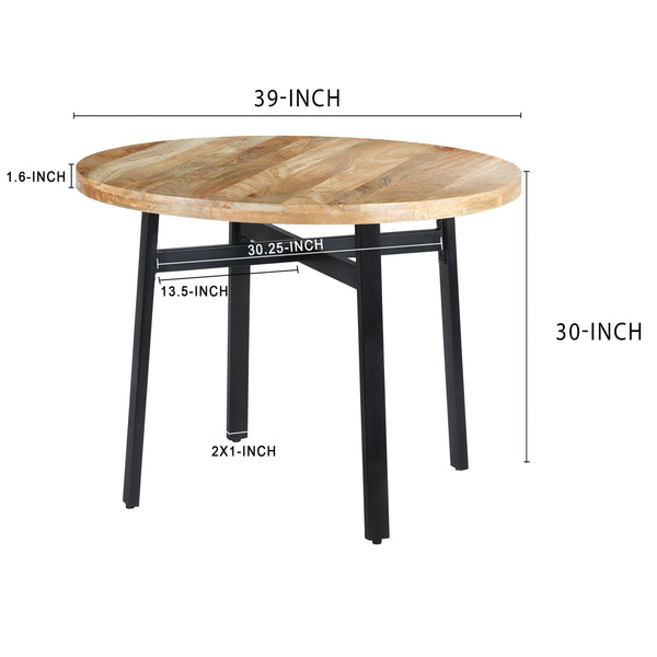 39 Inch Round Mango Wood Dining Table with Angled Iron Leg Support, Brown and Black - UPT-195277