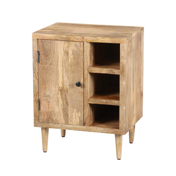 27 Inch Mango Wood Side Table, Open Cubbies, 1 Door Cabinet, Natural Brown By The Urban Port