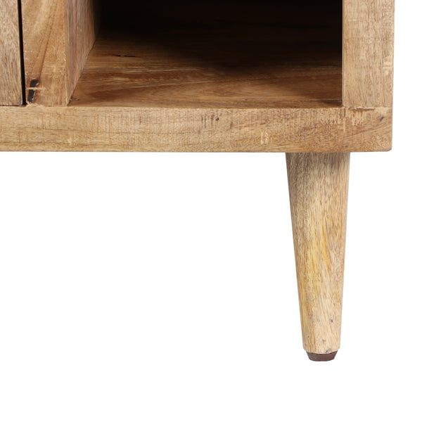 Transitional Mango Wood Side Table with Open Cubbies and Door Storage, Natural Brown , By The Urban Port