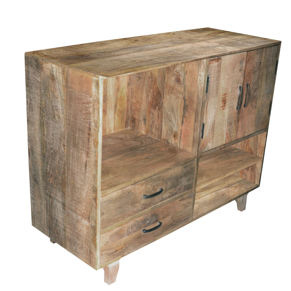 43 Inch Handcrafted Farmhouse Mango Wood Storage Buffet Cabinet with 2 Drawers, Rustic Brown - UPT-197306