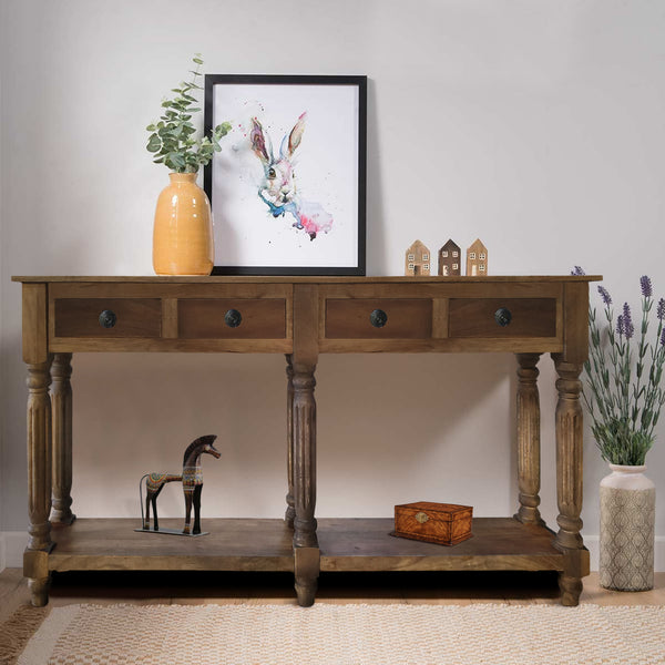 Traditional Wooden Console Table with 4 Drawers and Turned Legs, Brown - UPT-197308