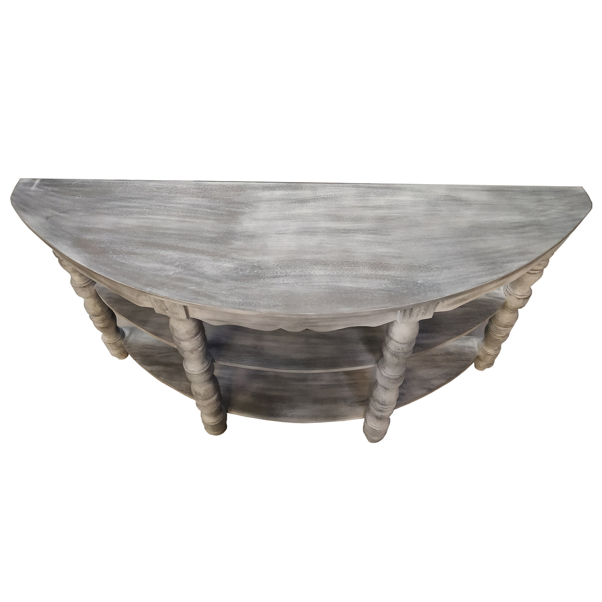 Half moon Shaped Wooden Console Table with 2 Shelves and Turned Legs, Gray - UPT-197310