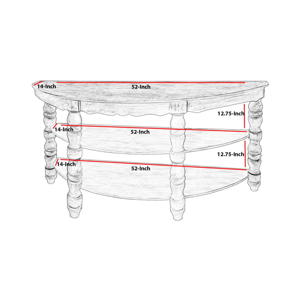 Half moon Shaped Wooden Console Table with 2 Shelves and Turned Legs, Gray - UPT-197310