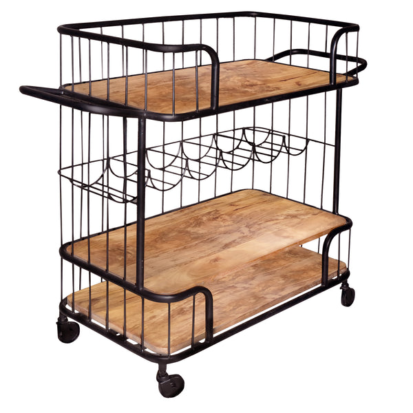 Metal Frame Bar Cart with Wooden Top and 2 Shelves, Black and Brown - UPT-197314