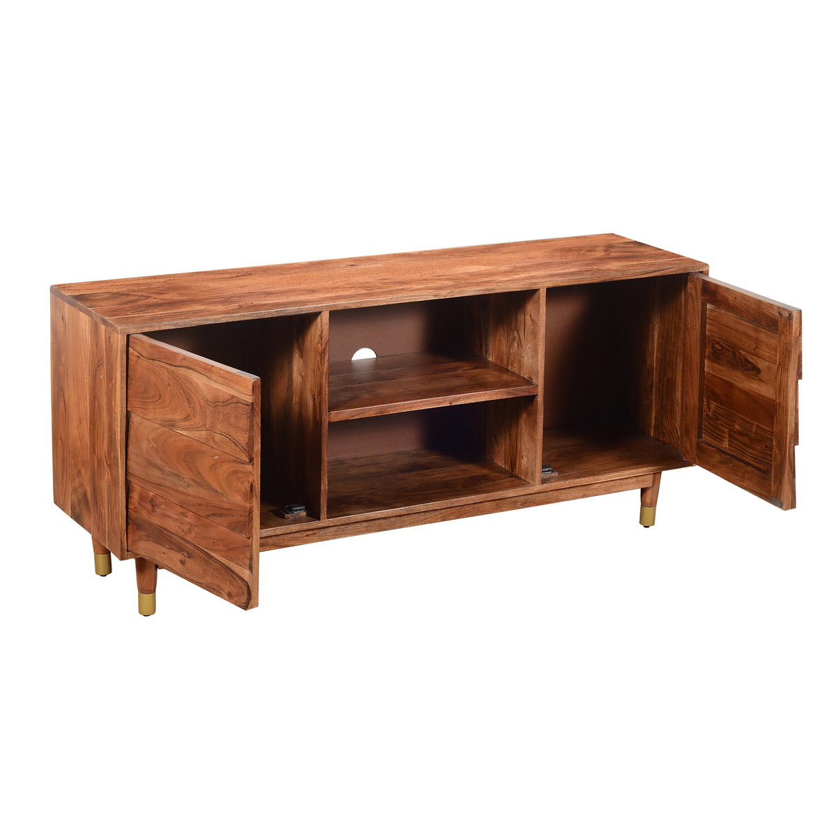 Handcrafted Wooden TV Console with Live Edge Shutter Door Cabinets, Brown - UPT-197866