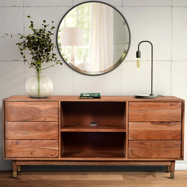 Handcrafted Wooden TV Console with Live Edge Shutter Door Cabinets, Brown - UPT-197866