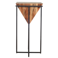 Ida 30 Inch Pyramid Shape Wooden Side Table With Cross Metal Base, Brown and Black - UPT-197870