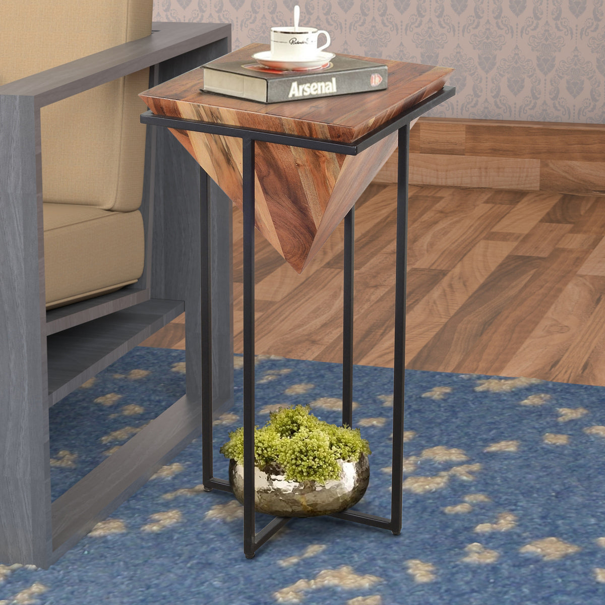 Ida 30 Inch Pyramid Shape Wooden Side Table With Cross Metal Base, Brown and Black - UPT-197870
