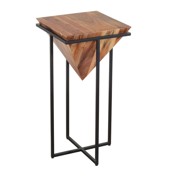 30 Inch Pyramid Shape Wooden Side Table With Cross Metal Base, Brown and Black - UPT-197870