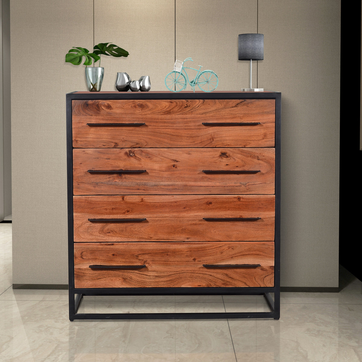 Handmade Dresser with Live Edge Design 4 Drawers, Brown and Black - UPT-197872
