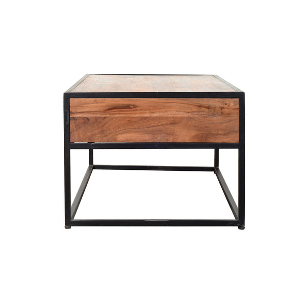 2 Drawer Industrial Metal Coffee Table with Wooden Tile Top, Brown and Black - UPT-197873