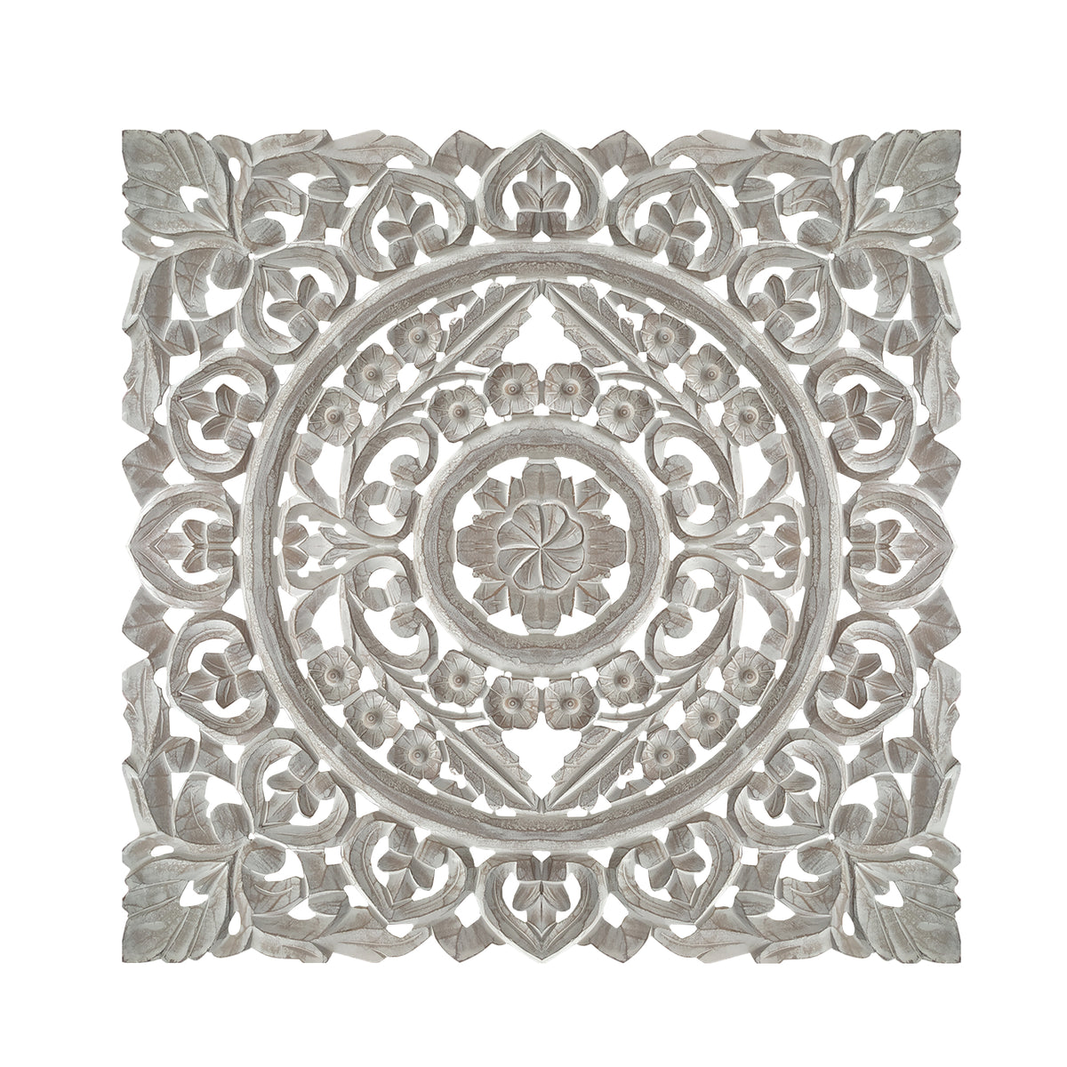 Distressed Square Shape Wooden Wall Panel with Traditional Carvings, White - UPT-200173