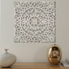 Distressed Square Shape Wooden Wall Panel with Traditional Carvings, White - UPT-200173