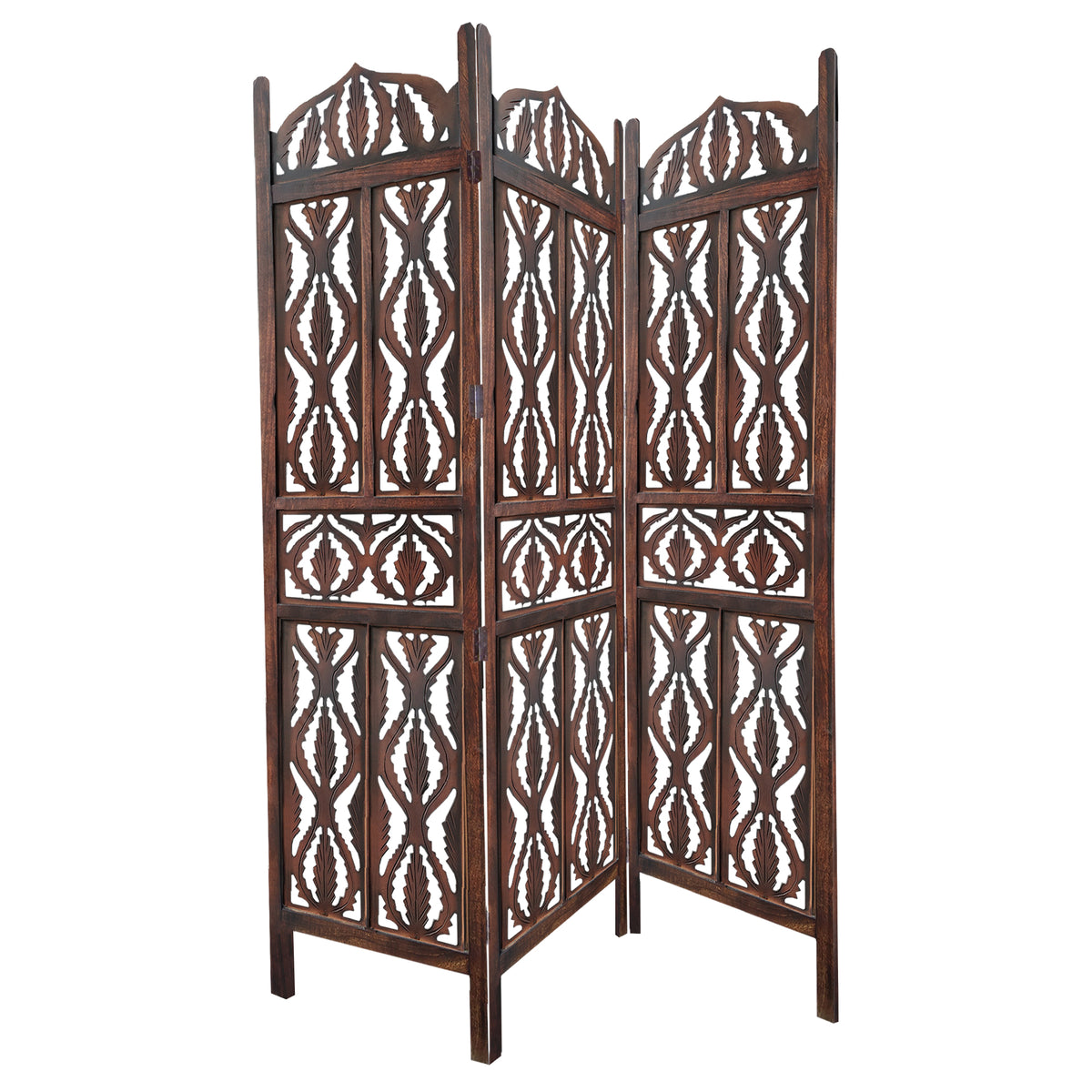 Decorative 3 Panel Mango Wood Screen with Abstract Carvings, Brown - UPT-200175