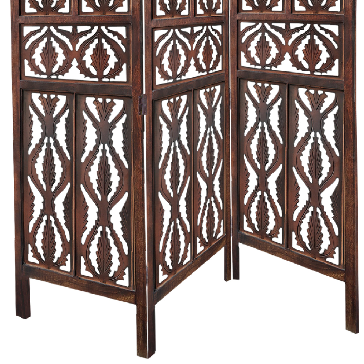 Decorative 3 Panel Mango Wood Screen with Abstract Carvings, Brown - UPT-200175