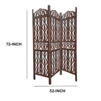 Decorative 3 Panel Mango Wood Screen with Abstract Carvings, Brown - UPT-200175