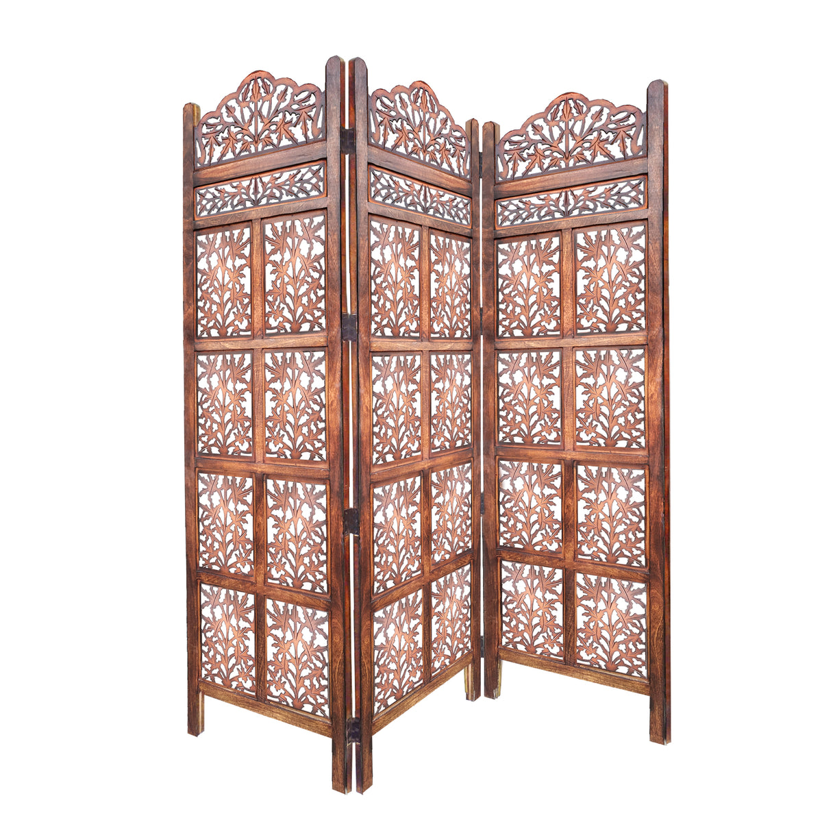 3 Panel Mango Wood Screen with Intricate Cutout Carvings, Brown - UPT-200177