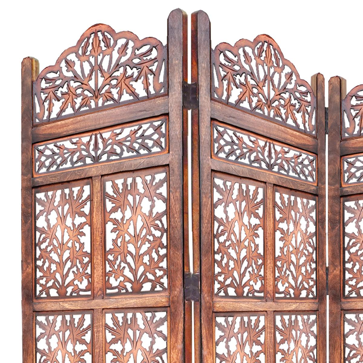 3 Panel Mango Wood Screen with Intricate Cutout Carvings, Brown - UPT-200177