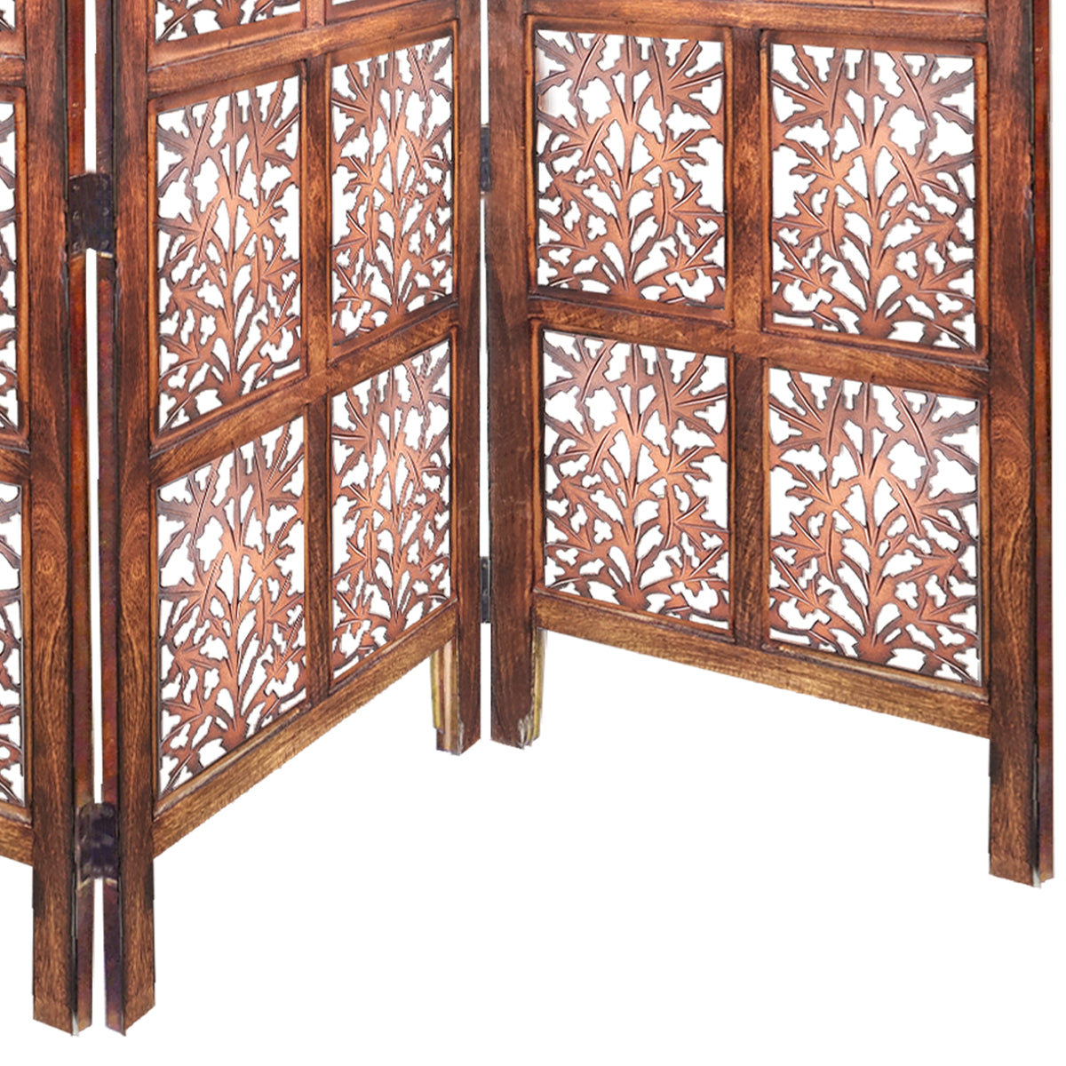 3 Panel Mango Wood Screen with Intricate Cutout Carvings, Brown - UPT-200177