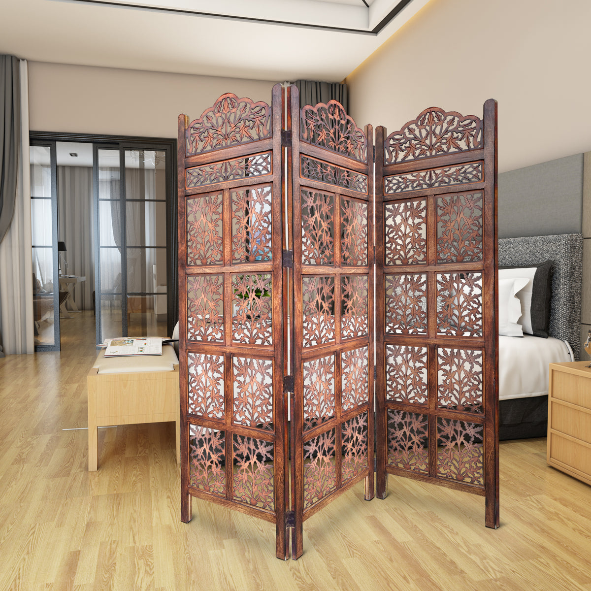 3 Panel Mango Wood Screen with Intricate Cutout Carvings, Brown - UPT-200177