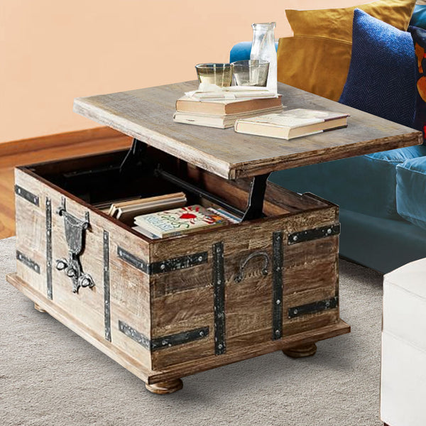 Farmhouse Mango Wood Lift Top Storage Coffee Table with Metal Inlays, Brown and Black - UPT-204782