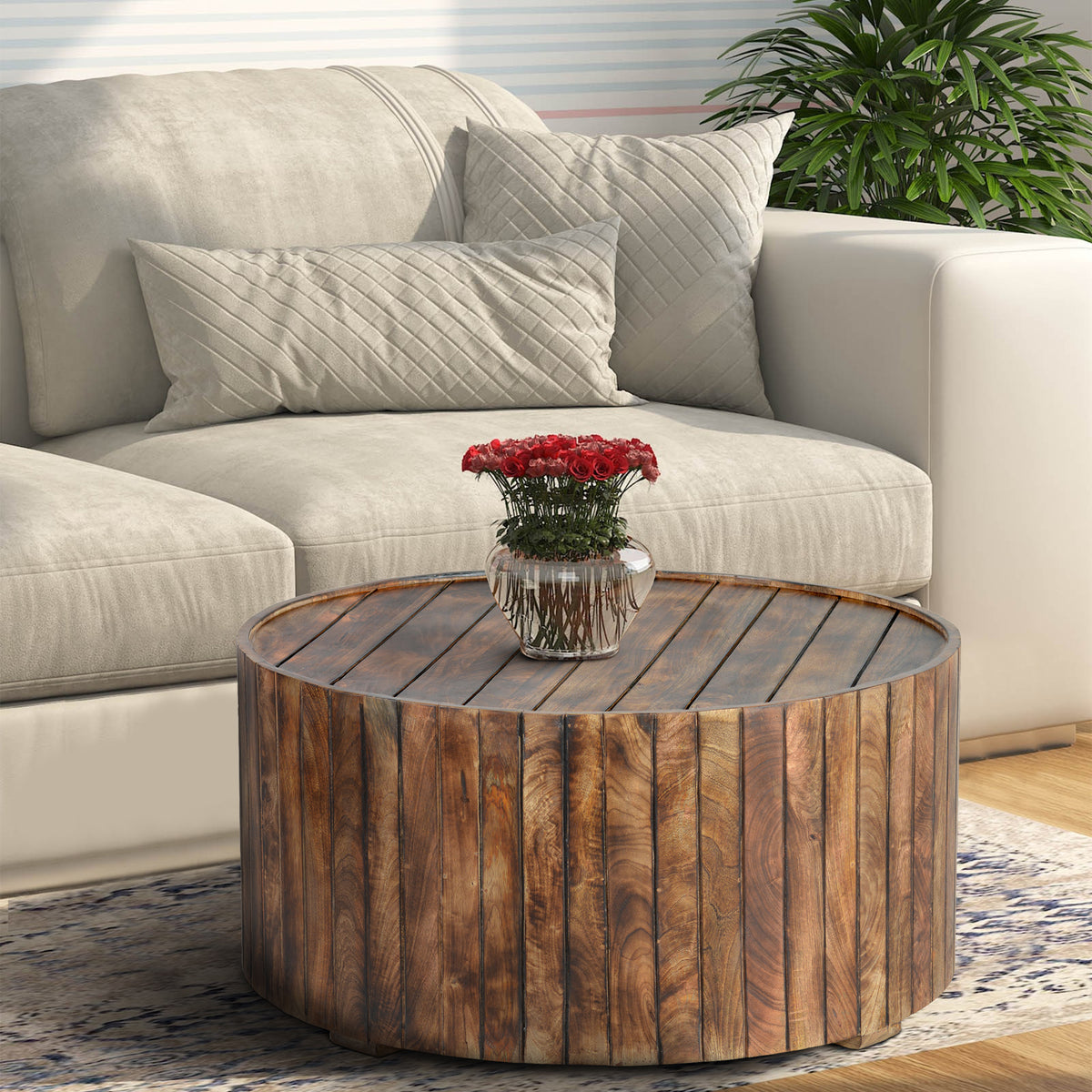 34 Inch Handmade Wooden Round Coffee Table with Plank Design, Burned Brown - UPT-204785