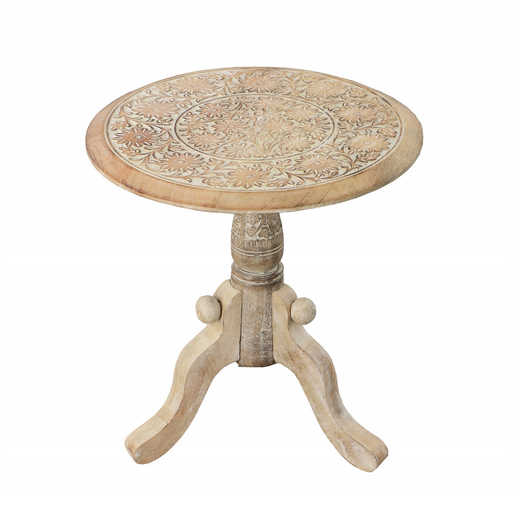 Intricately Carved Round Top Mango Wood Side End Table with Pedestal Base, Brown and White - UPT-209567