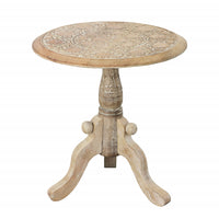 Intricately Carved Round Top Mango Wood Side End Table with Pedestal Base, Brown and White - UPT-209567