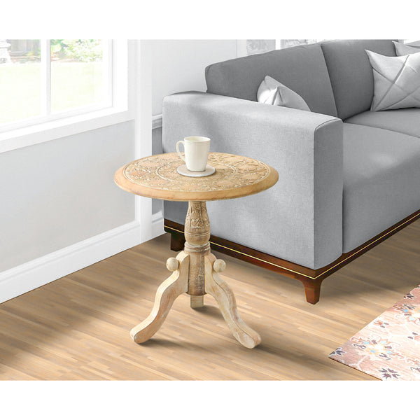 Intricately Carved Round Top Mango Wood Side End Table with Pedestal Base, Brown and White - UPT-209567