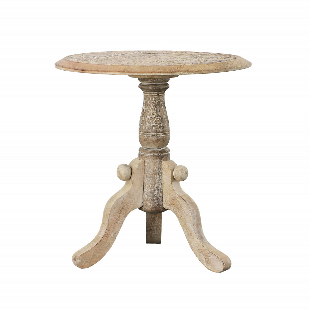 Intricately Carved Round Top Mango Wood Side End Table with Pedestal Base, Brown and White - UPT-209567