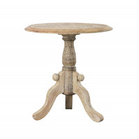 Intricately Carved Round Top Mango Wood Side End Table with Pedestal Base, Brown and White - UPT-209567