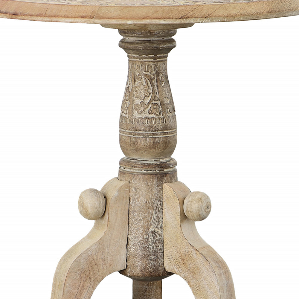 Intricately Carved Round Top Mango Wood Side End Table with Pedestal Base, Brown and White - UPT-209567