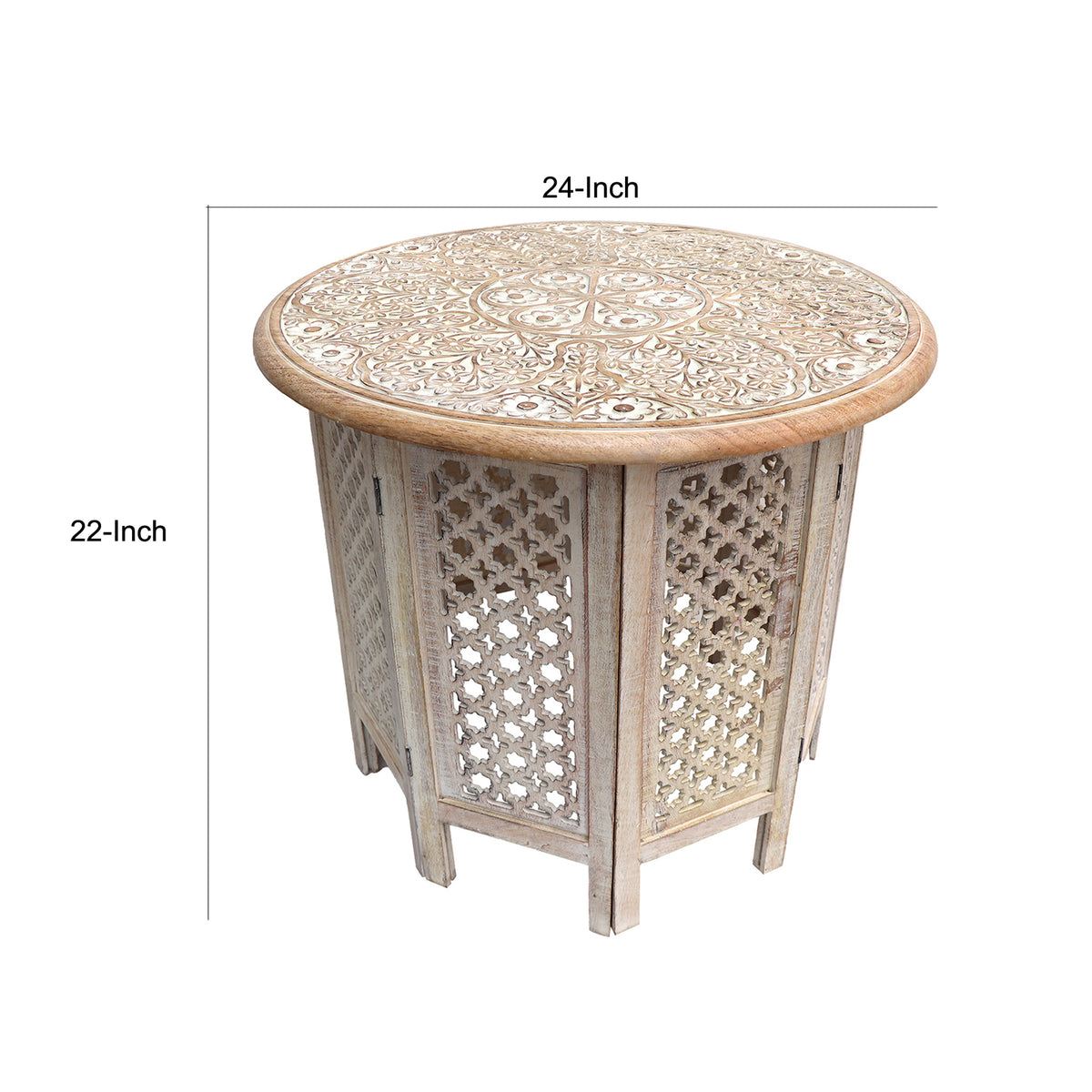 Mesh Cut Out Carved Mango Wood Octagonal Folding Table with Round Top, Antique White and Brown - UPT-209568
