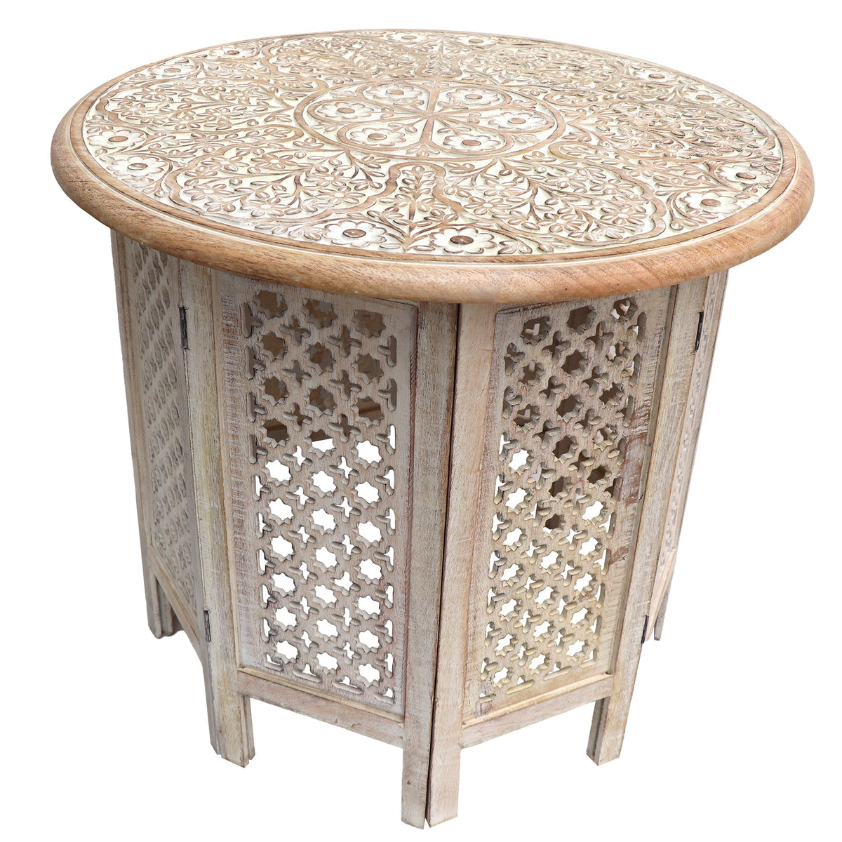 Mesh Cut Out Carved Mango Wood Octagonal Folding Table with Round Top, Antique White and Brown - UPT-209568