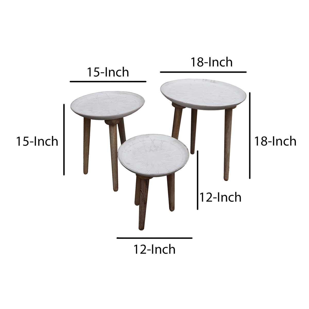 Mango Wood Bowl Top Side End Coffee Table with Angled Tripod Base, Set of 3, White and Brown - UPT-209570