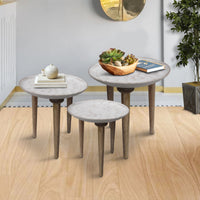 Mango Wood Bowl Top Side End Coffee Table with Angled Tripod Base, Set of 3, White and Brown - UPT-209570