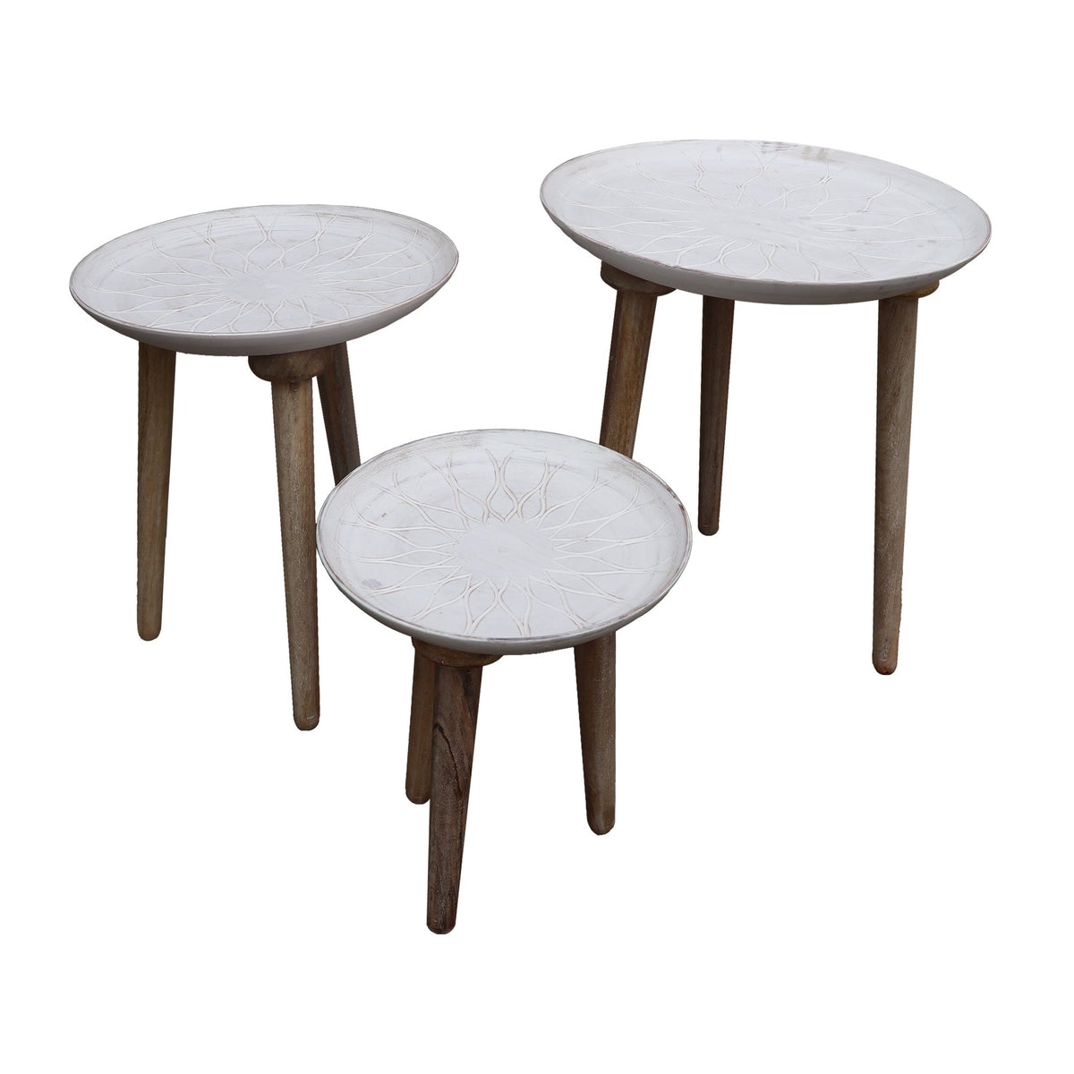 Mango Wood Bowl Top Side End Coffee Table with Angled Tripod Base, Set of 3, White and Brown - UPT-209570