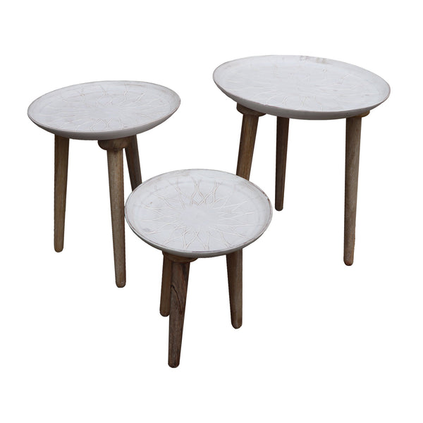 Mango Wood Bowl Top Side End Coffee Table with Angled Tripod Base, Set of 3, White and Brown - UPT-209570