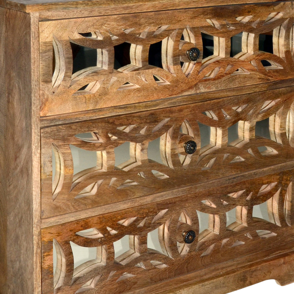 3 Drawer Mango Wood Console Storage Cabinet with Lattice Design Mirror Front, Brown - UPT-213131