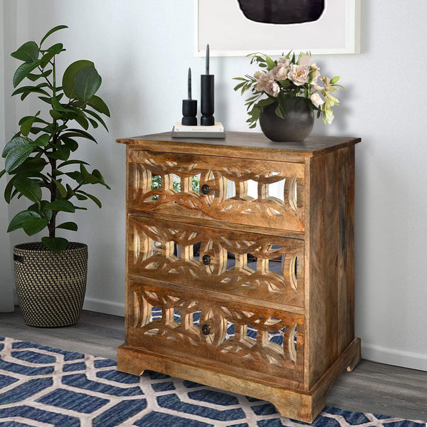 3 Drawer Mango Wood Console Storage Cabinet with Lattice Design Mirror Front, Brown - UPT-213131