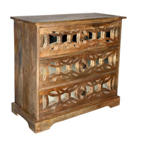 3 Drawer Mango Wood Console Storage Cabinet with Lattice Design Mirror Front, Brown - UPT-213131